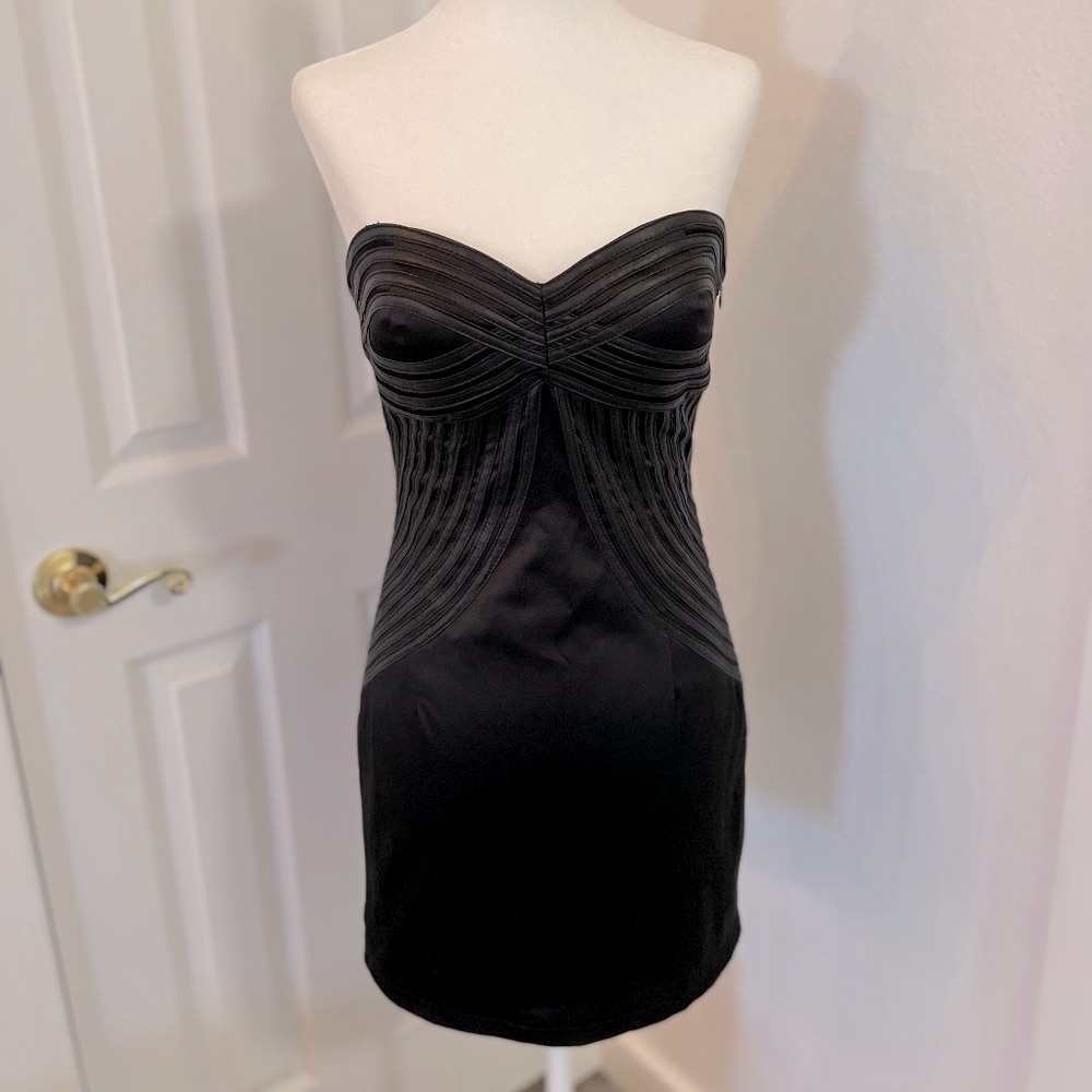Black Satin Mini dress w/ Faux Leather accents Strapless LBD S/M